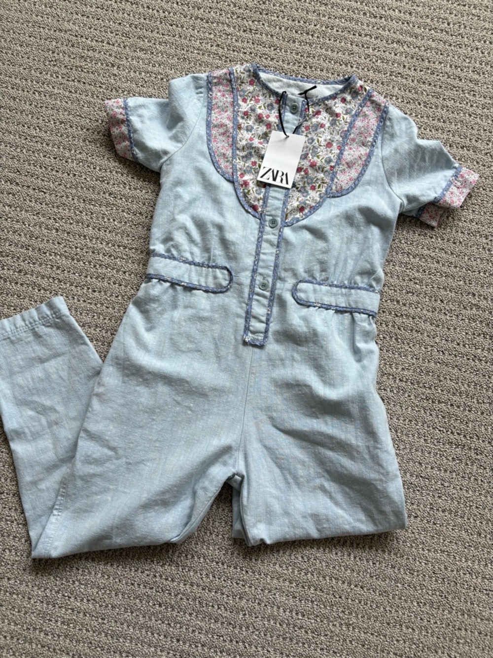 ZARA Light Blue Floral-Trim Cotton Jumpsuit
